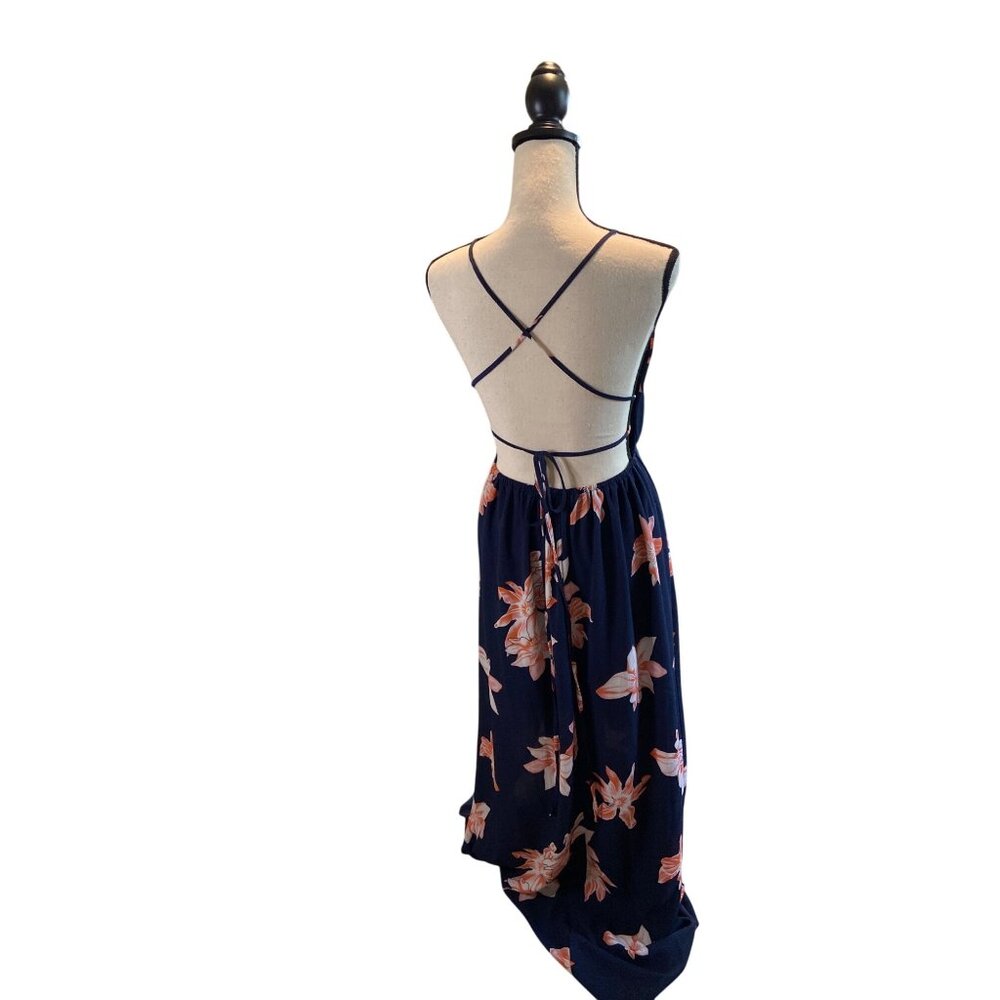 Simplee Halter Maxi Dress Y2K L Blue Floral Low VNeck Crisscross Back High Slit - Picture 2 of 7